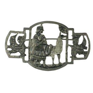Llama Brooch Pin Silver .900 Figural C Clasp Peru Peruvian Winged Figures FLAW